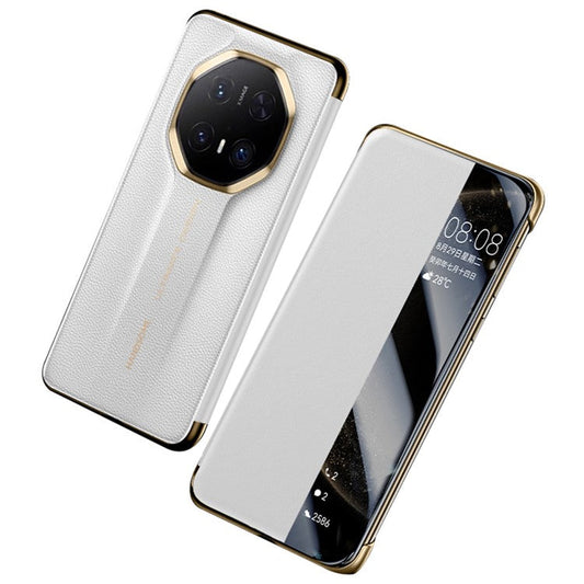 For Huawei Mate 70 RS Ultimate Case Genuine Cow Leather View Window Smart Phone Cover - White