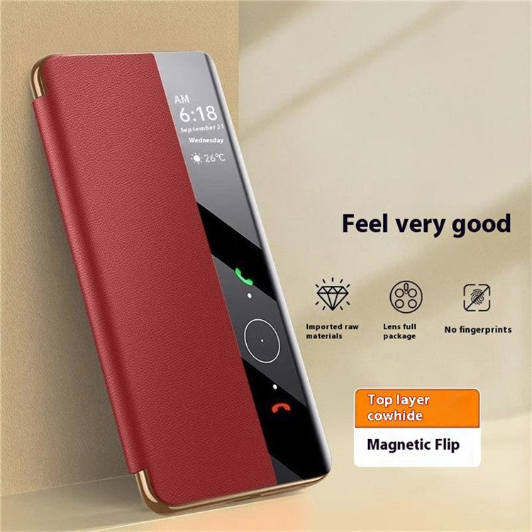 For Huawei Mate 70 Pro+ / Mate 70 Pro Case Genuine Cow Leather View Window Smart Phone Cover - Red