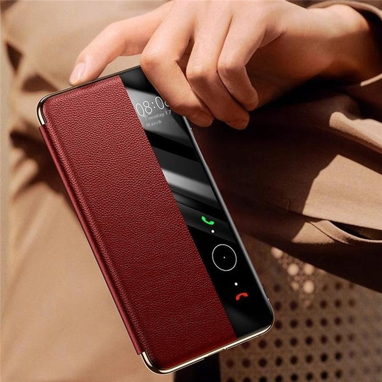 For Huawei Mate 70 Pro+ / Mate 70 Pro Case Genuine Cow Leather View Window Smart Phone Cover - Black