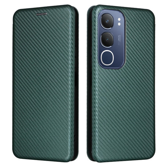 For vivo Y19s 4G Case Carbon Fiber Texture Drop-Proof PU Leather Phone Cover - Green