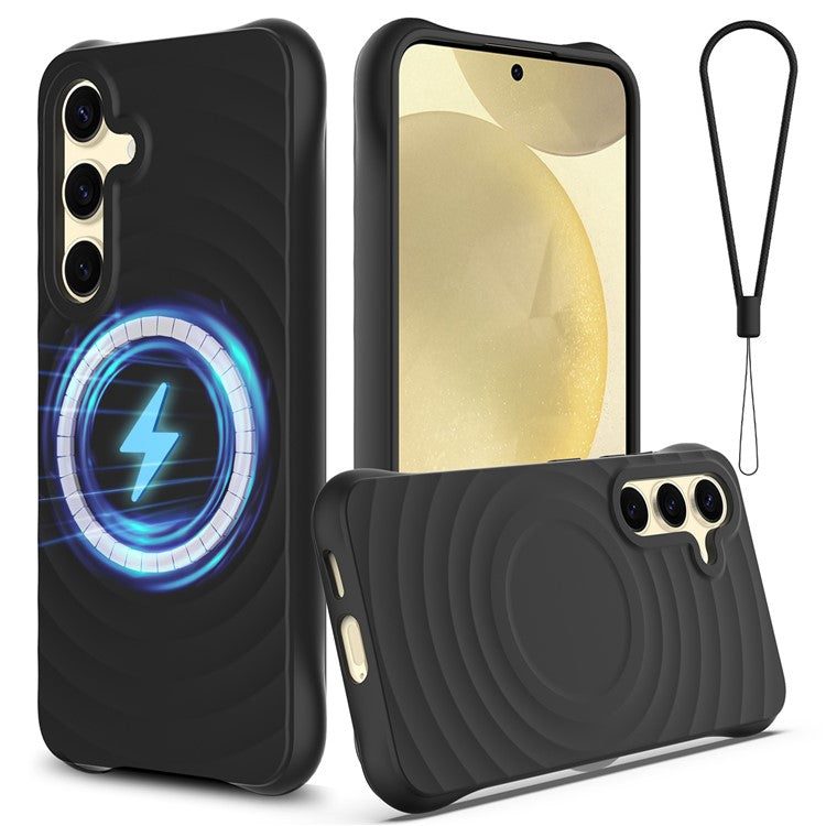For Samsung Galaxy S25+ Case Compatible with MagSafe Ripple Texture Liquid Silicone Protective Cover with Strap - Black