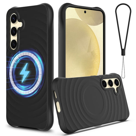 For Samsung Galaxy S25+ Case Compatible with MagSafe Ripple Texture Liquid Silicone Protective Cover with Strap - Black