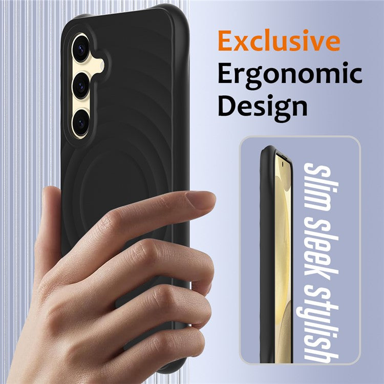 For Samsung Galaxy S25+ Case Compatible with MagSafe Ripple Texture Liquid Silicone Protective Cover with Strap - Black