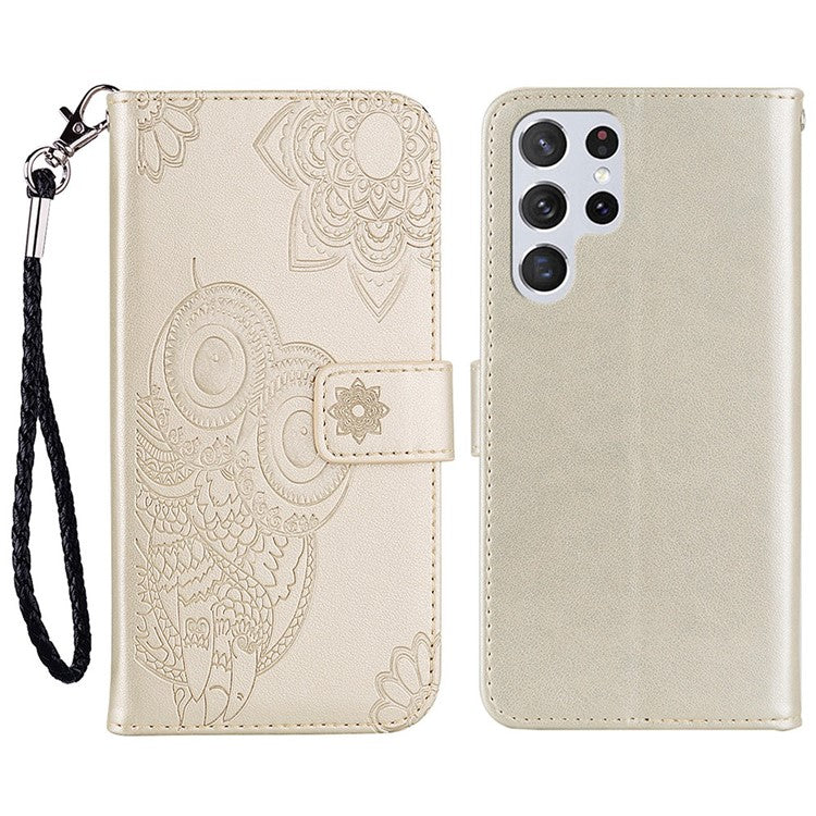 For Samsung Galaxy S25 Ultra Case Owl Flower Imprinted Leather Cover Wallet with Strap - Gold