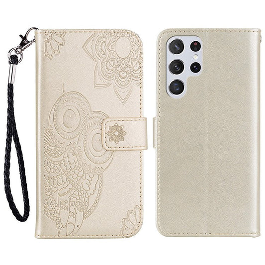 For Samsung Galaxy S25 Ultra Case Owl Flower Imprinted Leather Cover Wallet with Strap - Gold