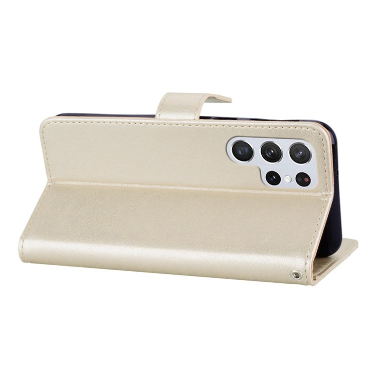 For Samsung Galaxy S25 Ultra Case Owl Flower Imprinted Leather Cover Wallet with Strap - Gold