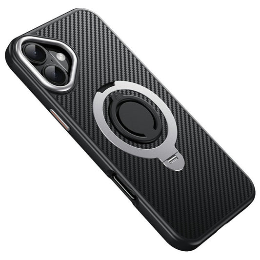 For iPhone 16 Plus Case Compatible with MagSafe Kickstand Carbon Fiber Texture PC + TPU Back Cover with Silicone Ring - Silver