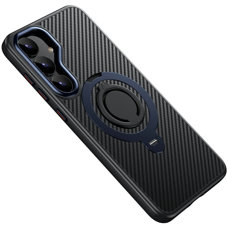 For Samsung Galaxy S25 Case Compatible with MagSafe Kickstand Carbon Fiber Texture PC + TPU Back Cover with Silicone Ring - Blue