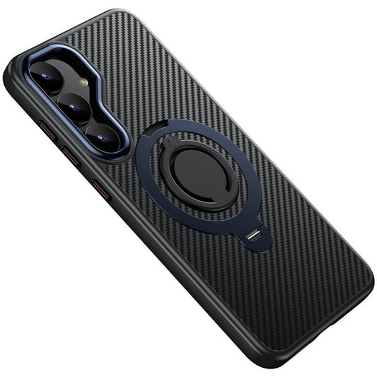For Samsung Galaxy S25 Case Compatible with MagSafe Kickstand Carbon Fiber Texture PC + TPU Back Cover with Silicone Ring - Blue