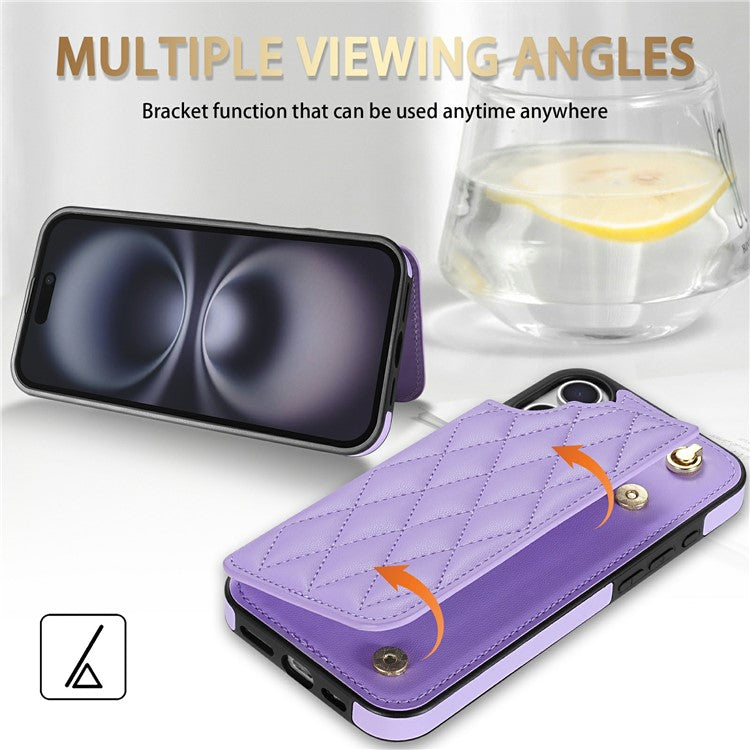 For iPhone 16 Plus Case with Wrist Strap Card Slots Rhombus Leather + TPU Phone Cover - Purple