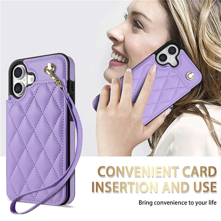 For iPhone 16 Plus Case with Wrist Strap Card Slots Rhombus Leather + TPU Phone Cover - Purple