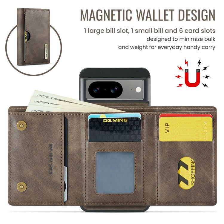 DG.MING M6 Series For Google Pixel 8 Case Magnetic Wallet PU+PC+TPU Phone Cover - Coffee