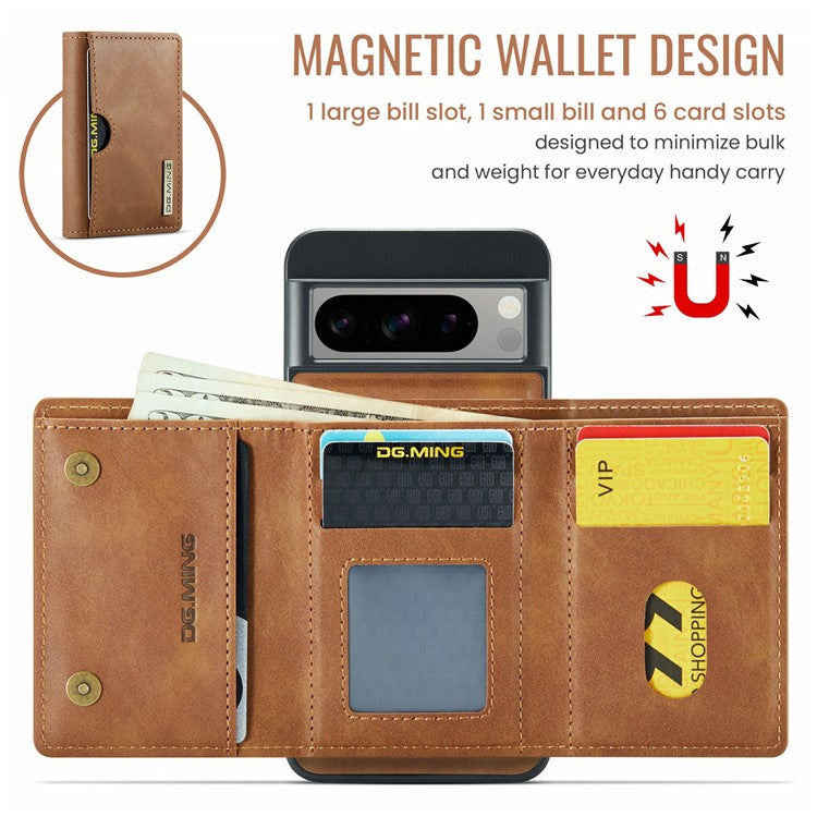 DG.MING M6 Series For Google Pixel 8 Pro Case Magnetic Wallet PU+PC+TPU Phone Cover - Brown