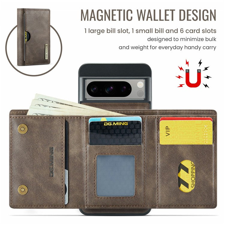 DG.MING M6 Series For Google Pixel 8 Pro Case Magnetic Wallet PU+PC+TPU Phone Cover - Coffee