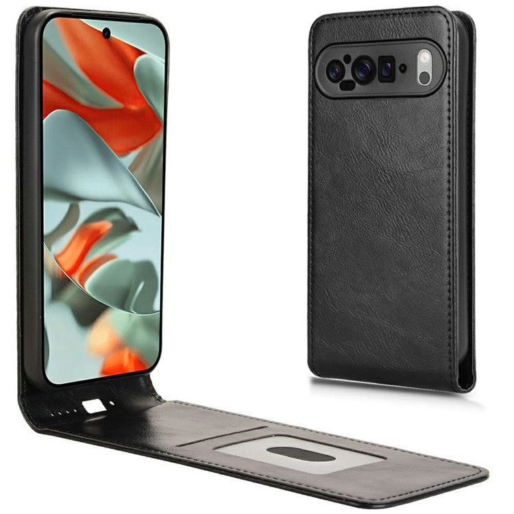 For Google Pixel 9 Pro XL Case with Card Slot Magnetic Vertical Flip Leather Phone Cover - Black
