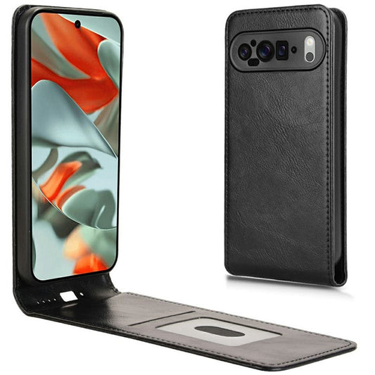 For Google Pixel 9 Pro XL Case with Card Slot Magnetic Vertical Flip Leather Phone Cover - Black