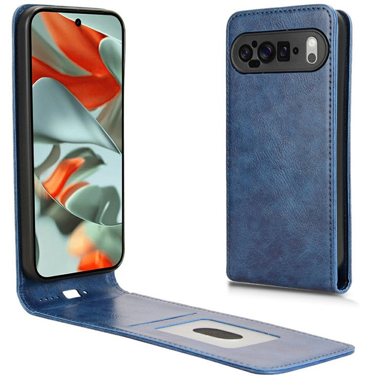 For Google Pixel 9 Pro XL Case with Card Slot Magnetic Vertical Flip Leather Phone Cover - Dark Blue