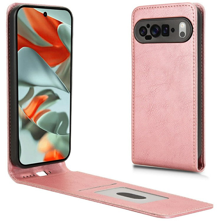 For Google Pixel 9 Pro XL Case with Card Slot Magnetic Vertical Flip Leather Phone Cover - Rose Gold