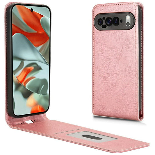 For Google Pixel 9 Pro XL Case with Card Slot Magnetic Vertical Flip Leather Phone Cover - Rose Gold