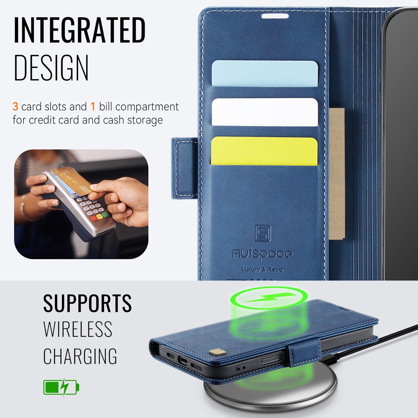 For iPhone 16 Case AUTSPACE A11 RFID Blocking Retro Leather Cell Phone Wallet Cover - Blue