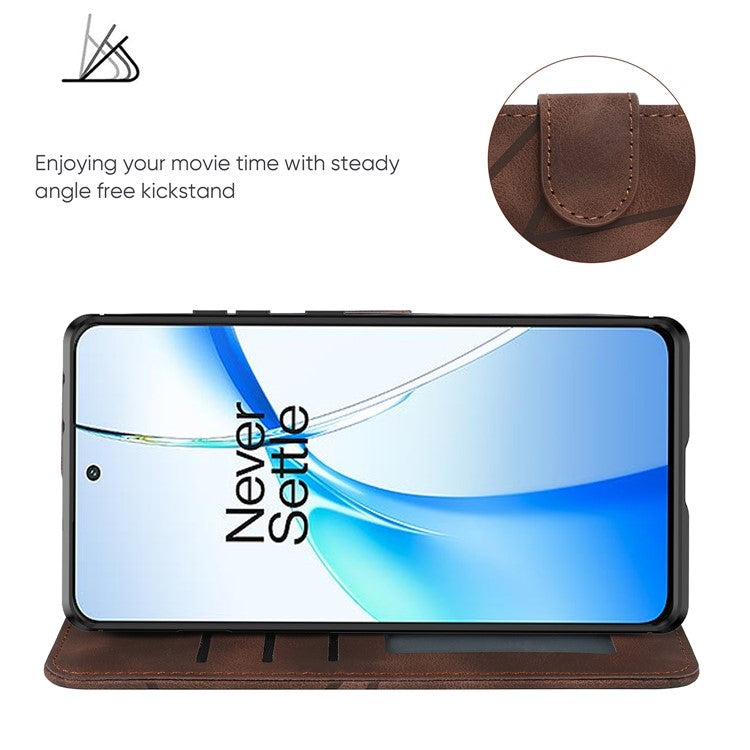 For OnePlus Nord CE4 5G / Oppo K12x 5G (China) Stand Case Line Pattern Leather Phone Cover - Brown