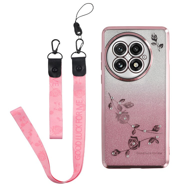 KADEM For OnePlus 13 Case Flower Pattern TPU Gradient Phone Cover with Lanyards - Rose Gold