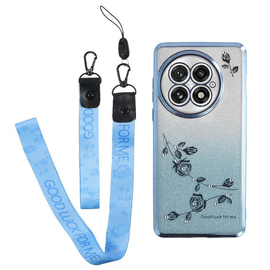 KADEM For OnePlus 13 Case Flower Pattern TPU Gradient Phone Cover with Lanyards - Blue