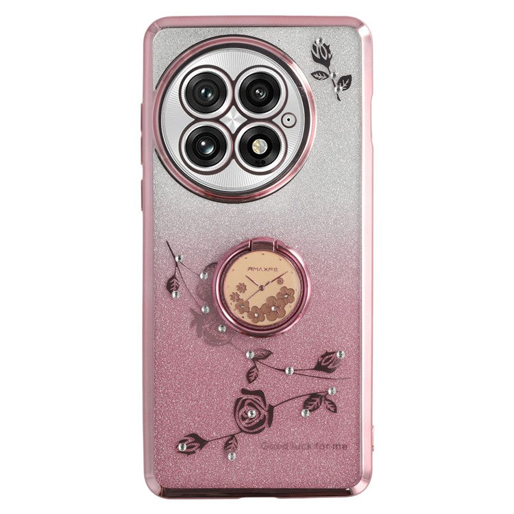 KADEM For OnePlus 13 Case Ring Kickstand TPU Flowers Phone Cover Gradient Glitter - Rose Gold