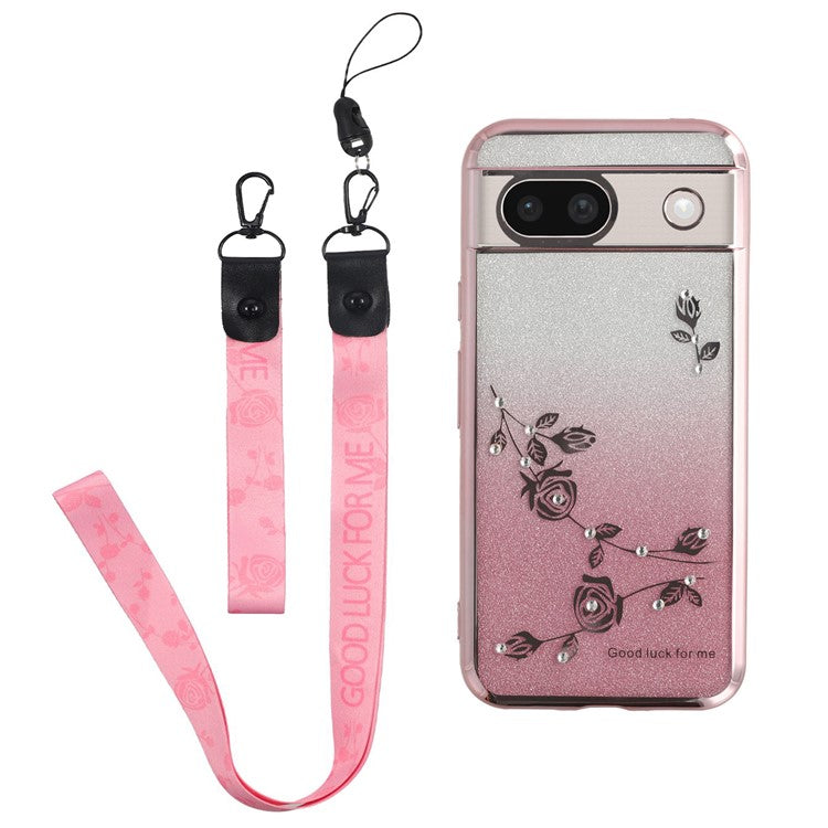 KADEM For Google Pixel 8a Case Flower Pattern TPU Gradient Phone Cover with Lanyards - Rose Gold