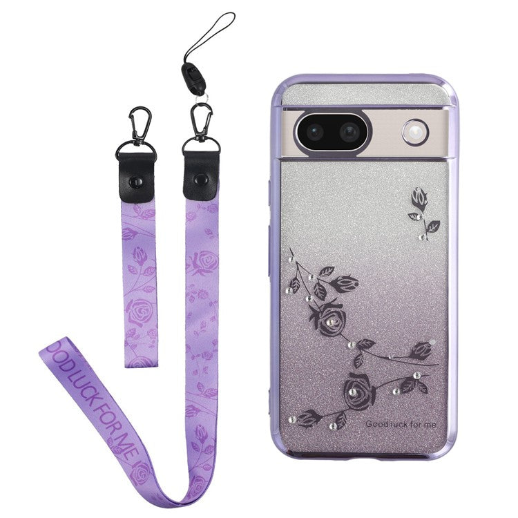 KADEM For Google Pixel 8a Case Flower Pattern TPU Gradient Phone Cover with Lanyards - Purple