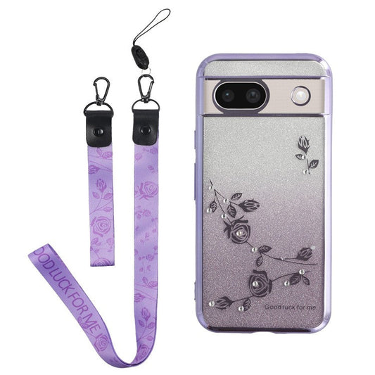 KADEM For Google Pixel 8a Case Flower Pattern TPU Gradient Phone Cover with Lanyards - Purple