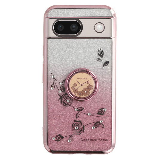 KADEM For Google Pixel 8a Case Ring Kickstand TPU Flowers Phone Cover Gradient Glitter - Rose Gold