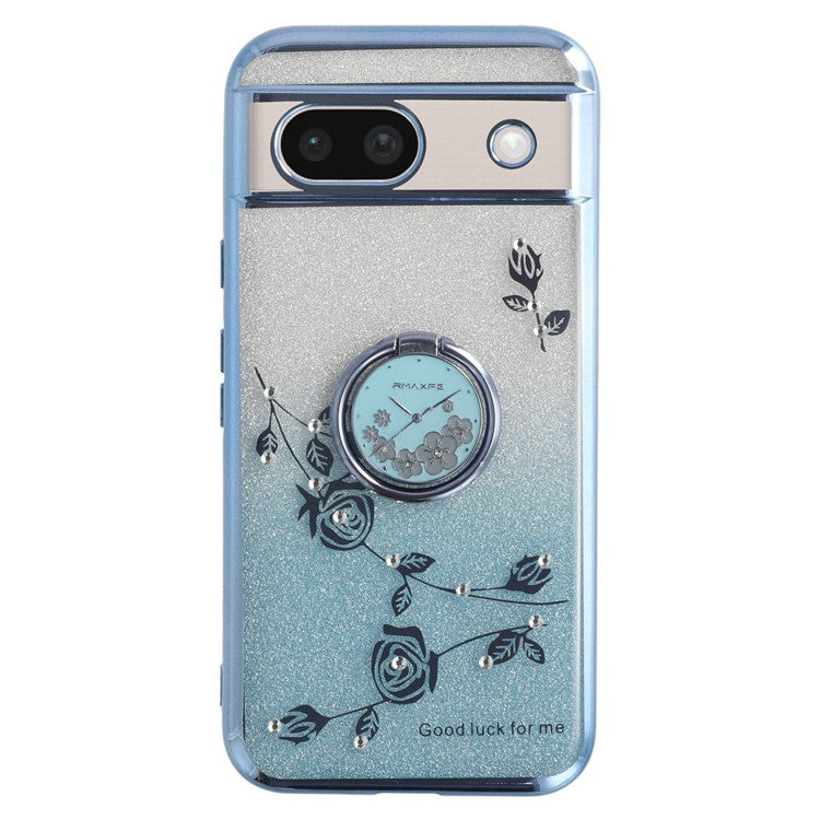 KADEM For Google Pixel 8a Case Ring Kickstand TPU Flowers Phone Cover Gradient Glitter - Blue