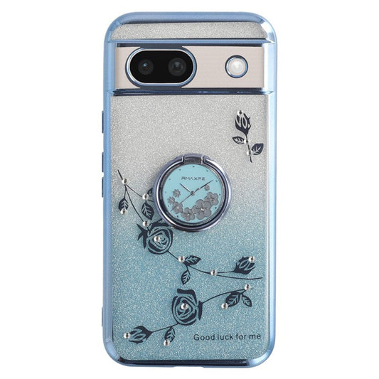 KADEM For Google Pixel 8a Case Ring Kickstand TPU Flowers Phone Cover Gradient Glitter - Blue