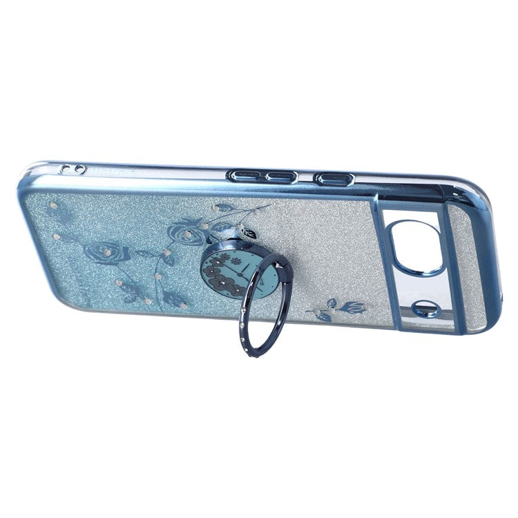 KADEM For Google Pixel 8a Case Ring Kickstand TPU Flowers Phone Cover Gradient Glitter - Blue