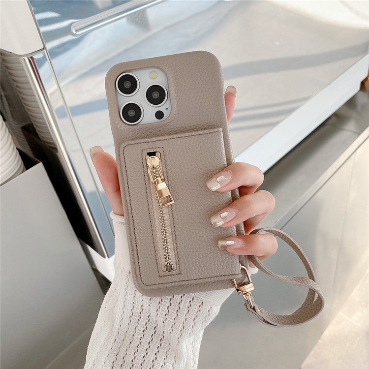 For iPhone 16 Pro Case Card Slots Kickstand PU Leather Back Cover with Zipper Pocket, Wrist Strap - Grey