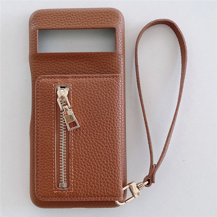 For Google Pixel 8 Pro Case Card Slots Kickstand PU Leather Back Cover with Zipper Pocket, Wrist Strap - Dark Brown