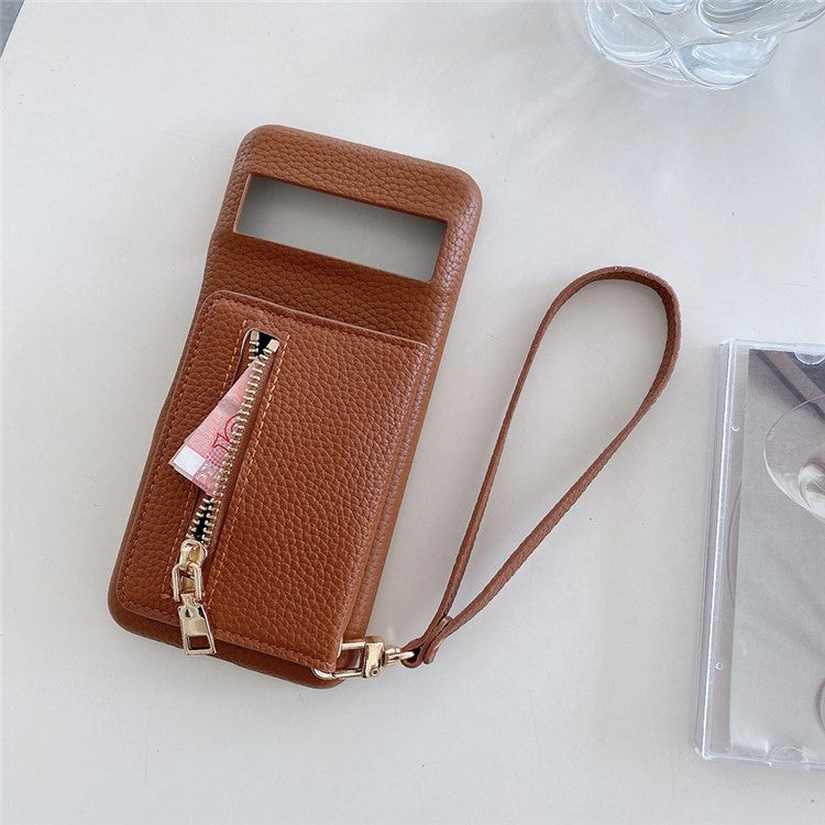 For Google Pixel 8 Pro Case Card Slots Kickstand PU Leather Back Cover with Zipper Pocket, Wrist Strap - Dark Brown
