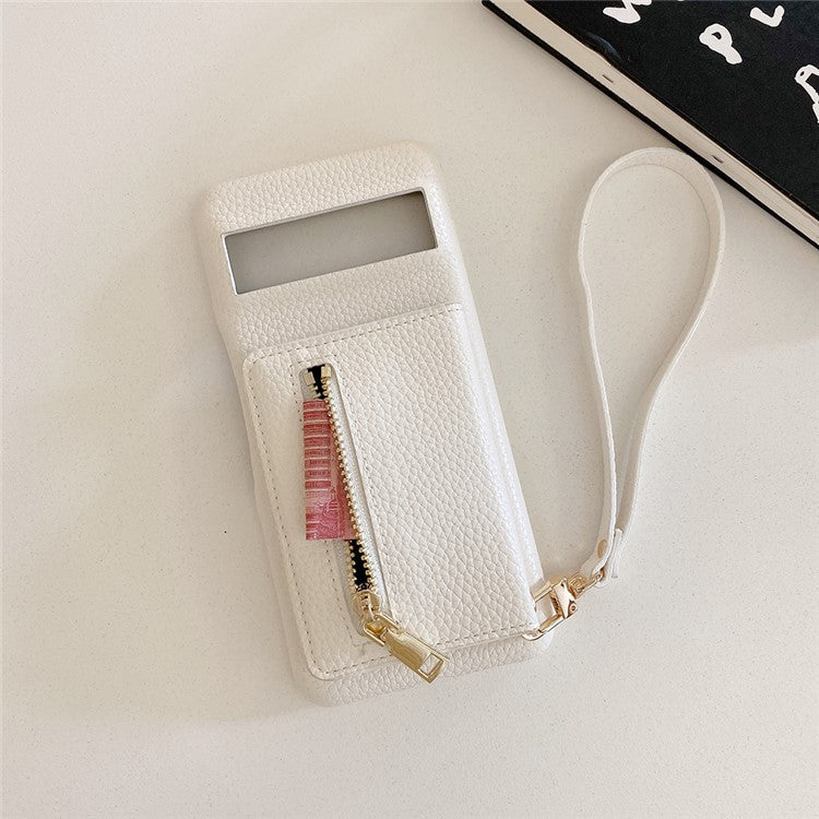 For Google Pixel 8 Pro Case Card Slots Kickstand PU Leather Back Cover with Zipper Pocket, Wrist Strap - White