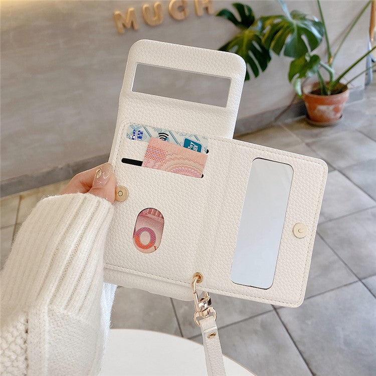 For Google Pixel 8 Pro Case Card Slots Kickstand PU Leather Back Cover with Zipper Pocket, Wrist Strap - White