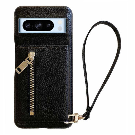 For Google Pixel 8 Pro Case Card Slots Kickstand PU Leather Back Cover with Zipper Pocket, Wrist Strap - Black