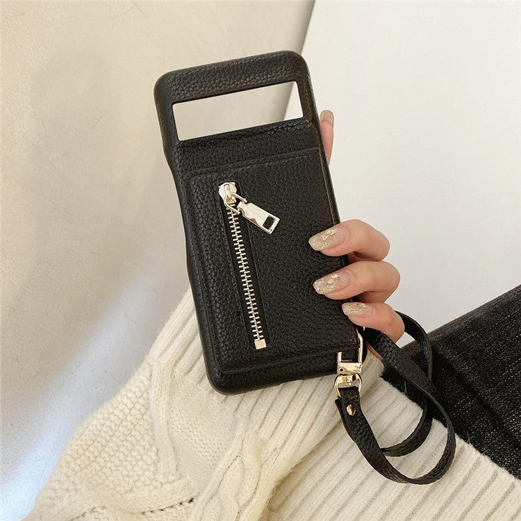 For Google Pixel 8 Pro Case Card Slots Kickstand PU Leather Back Cover with Zipper Pocket, Wrist Strap - Black