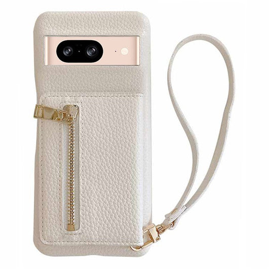 For Google Pixel 8 Case Card Slots Kickstand PU Leather Back Cover with Zipper Pocket, Wrist Strap - White