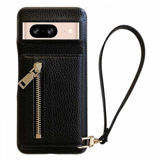 For Google Pixel 8 Case Card Slots Kickstand PU Leather Back Cover with Zipper Pocket, Wrist Strap - Black