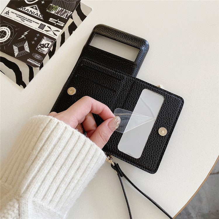 For Google Pixel 8 Case Card Slots Kickstand PU Leather Back Cover with Zipper Pocket, Wrist Strap - Black