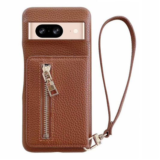 For Google Pixel 8 Case Card Slots Kickstand PU Leather Back Cover with Zipper Pocket, Wrist Strap - Dark Brown