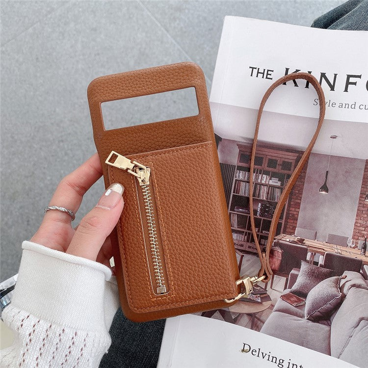 For Google Pixel 8 Case Card Slots Kickstand PU Leather Back Cover with Zipper Pocket, Wrist Strap - Dark Brown