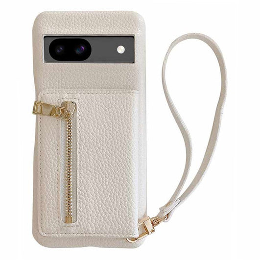 For Google Pixel 8a Case Card Slots Kickstand PU Leather Back Cover with Zipper Pocket, Wrist Strap - White