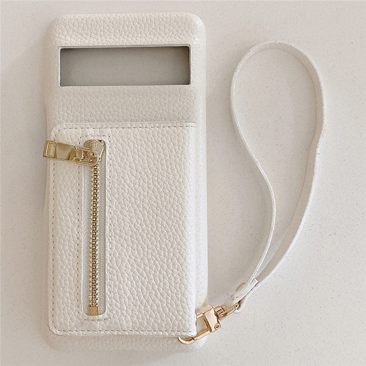 For Google Pixel 8a Case Card Slots Kickstand PU Leather Back Cover with Zipper Pocket, Wrist Strap - White