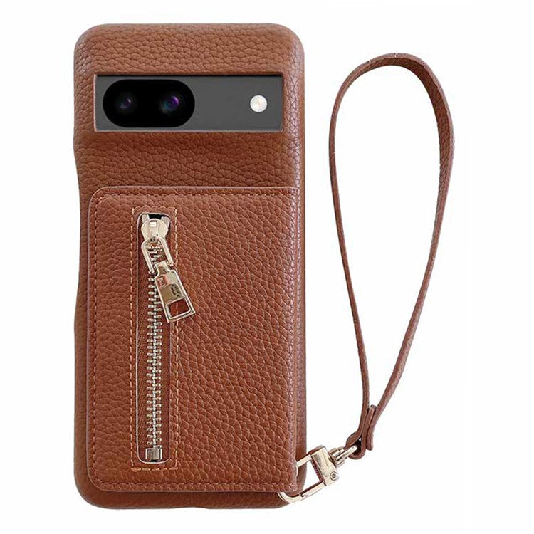 For Google Pixel 8a Case Card Slots Kickstand PU Leather Back Cover with Zipper Pocket, Wrist Strap - Dark Brown